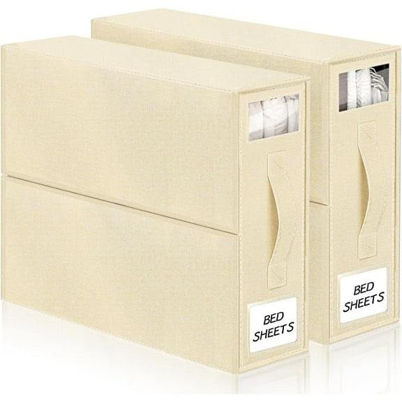 Wattne Sheet Organizers and Storage 2 Pack, Linen Closet Storage Organizer Sheet Boxes for Storage, Foldable Sheet Set Organizer (Queen or King Size) for Cube Storage Closet Hangers.(Beige)