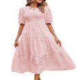 thumbnail image 3 of Femmes Été Bouffée Manches Robe Smocked Floral en Vrac Fluide Robe Haute Taille Dentelle Floral Étagé Midi Robe Bleu Ciel XL, 3 of 5