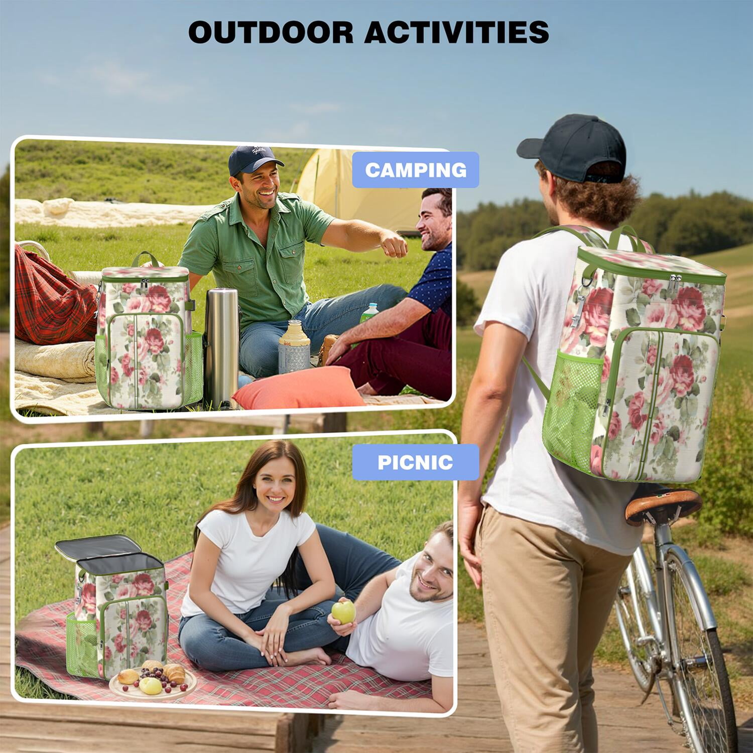 Travel Cooler Bag - Pioneer Flower Floral Print Pattern Camping Beer Cooler Backpack with Bottle Opener- Waterproof Insulated Picnic Backpacks - Cooler Bag for Beach