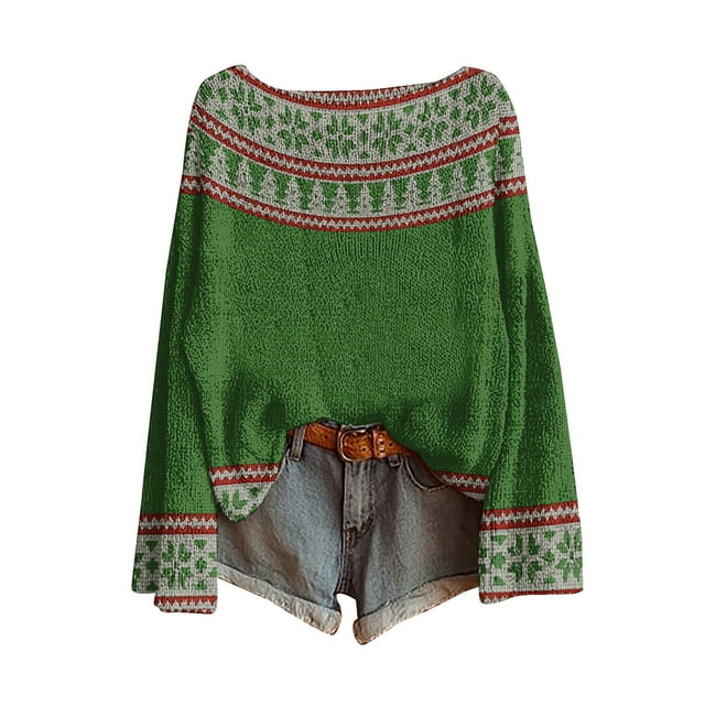 WTXUE Chandail Léger Vintage Fair Isle pour Femmes, Col Rond Décontracté, Manches Longues, Chandail Tricoté, Imprimé Artistique Vintage Fair Isle Rétro, Blouses Surdimensionnées Confortables, Tops Boho Doux Verts m