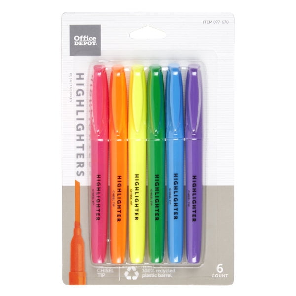 Office Depot 100 Recycled PenStyle Highlighters, Assorted, Pack Of 6