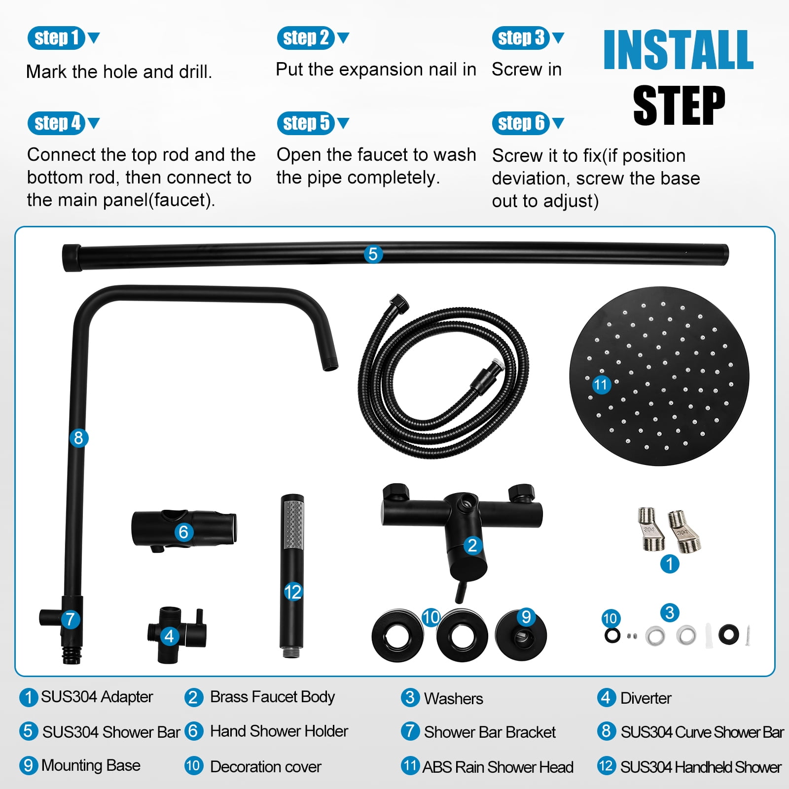 iMeshbean Black Shower Faucet Set 8" Rainfall Shower Head Combo System w/ Mixer Valve Kit