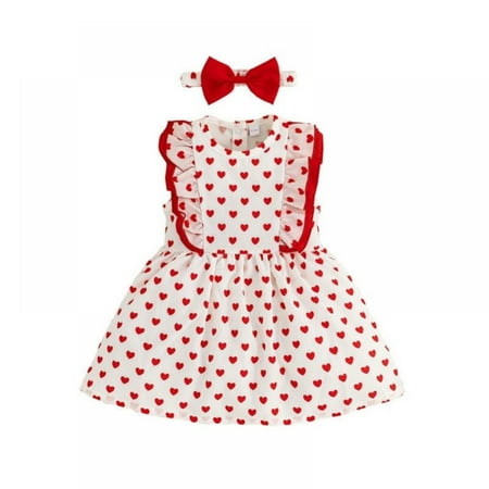 

Infant Baby Girl Valentine s Day Outfit Ruffle Sleeveless Love Heart Print Dress with Bowknot Headband Valentine s Day Clothing Set