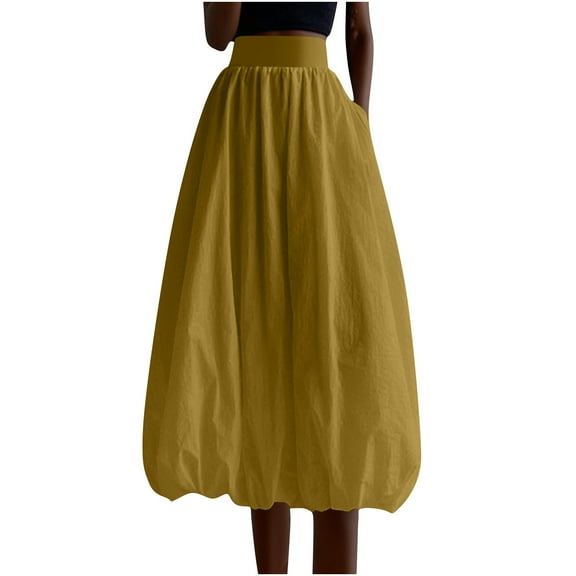 Mgmyaa Women's Lantern Skirt Casual Puffy Midi Skirt Spring Summer Skirt Solid Color Pocket Skirt Elastic Waist Flowy Full Skirt