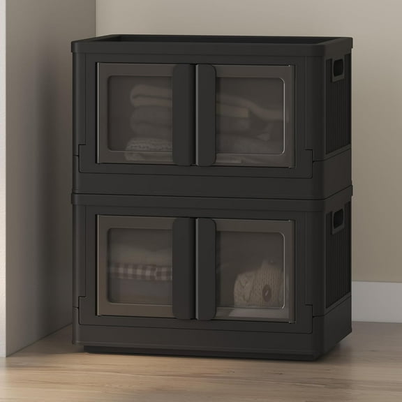 SSyao 75 QT Stackable Storage Bins With Lids, Collapsible Plastic Storage Bins, Closet Organizers and Storage Containers with Doors and Built-in Wheels For Home-19"L x 12.2"W x 23"H (75 QT)-Black