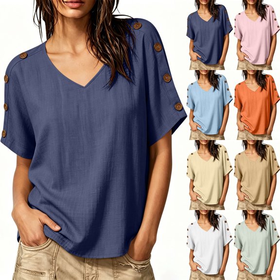 Hilzaten Solid Tops for Women V-Neck Casual Loosse Short Sleeve Leisure Shirts for Women
