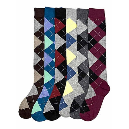 Soft Cotton Argyle Socks - Multicolor Argyle Print 6-Pack Assorted Knee High Socks