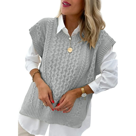 Asyoly Women's Winter Cable Knit Sweater Vest Crew Neck Sleeveless Knitted Jumper Trendy Pullover Tops