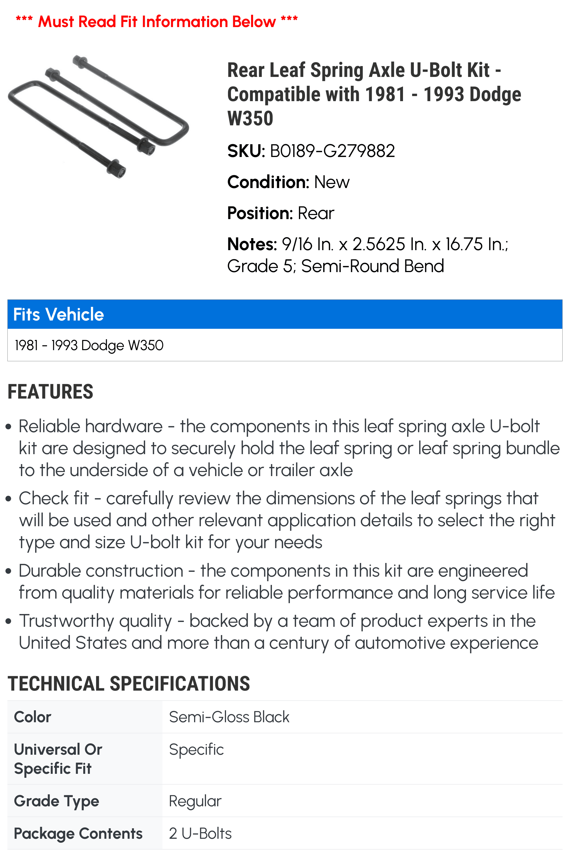 Rear Leaf Spring Axle U-Bolt Kit - Compatible with 1981 - 1993 Dodge W350 - Dorman