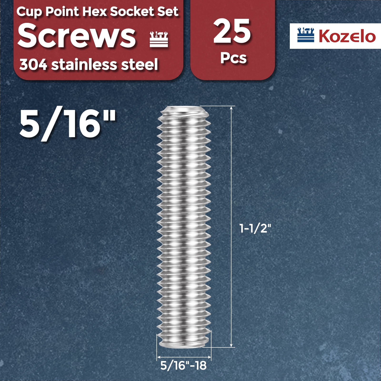 Uxcell 25pcs Cup Point Hex Socket Set Screws - [5/16"-18x1-1/2"] 18-8 Stainless Steel Headless Allen Head Grub Set Screw with Hex Key Wrench for Door Handle, Bathroom Fixture & Towel Rack