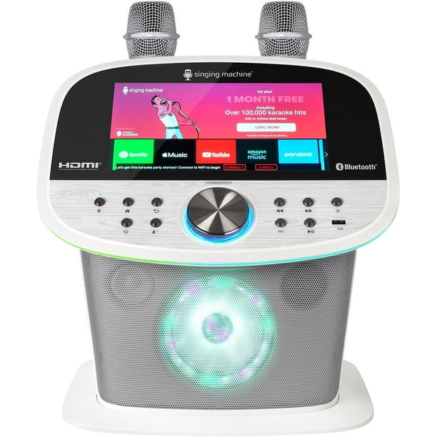 Máquina de Karaoke Singing Machine Platinum Plus, Wi-Fi y Bluetooth, 2 Micrófonos, 22 Efectos de Voz, Compatible con YouTube y Spotify