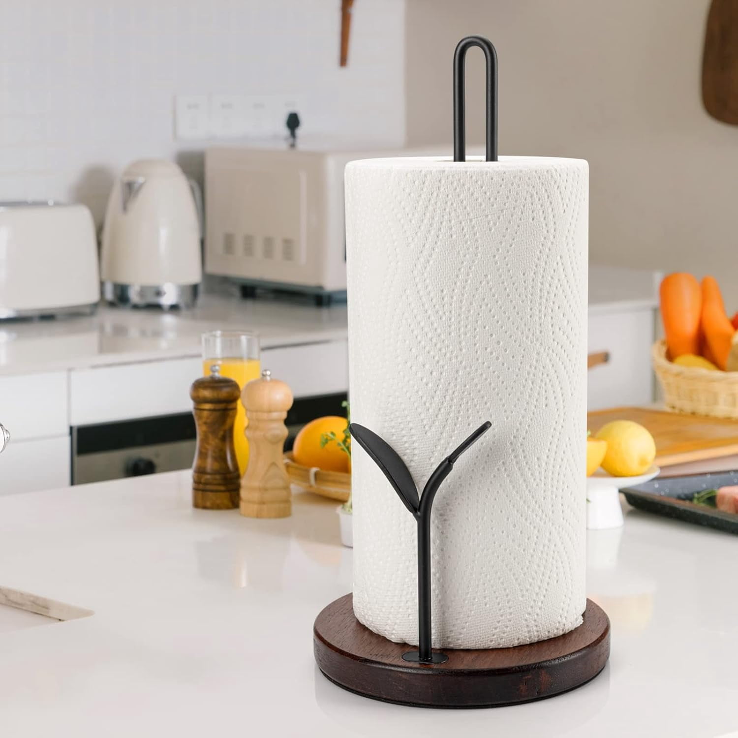 Paper Towel Holder Countertop, Wood Paper Towel Holder Stand, Easy One-Handed Tear Rustic Paper Roll Holder for Kitchen Dining Table Home Decor, High Model Easy to Install