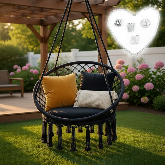 Topcobe Hanging Hammock Chair with Soft Seat Cushions and Sturdy Rope Chain, Front Porch Swing, Hanging Chair-Black