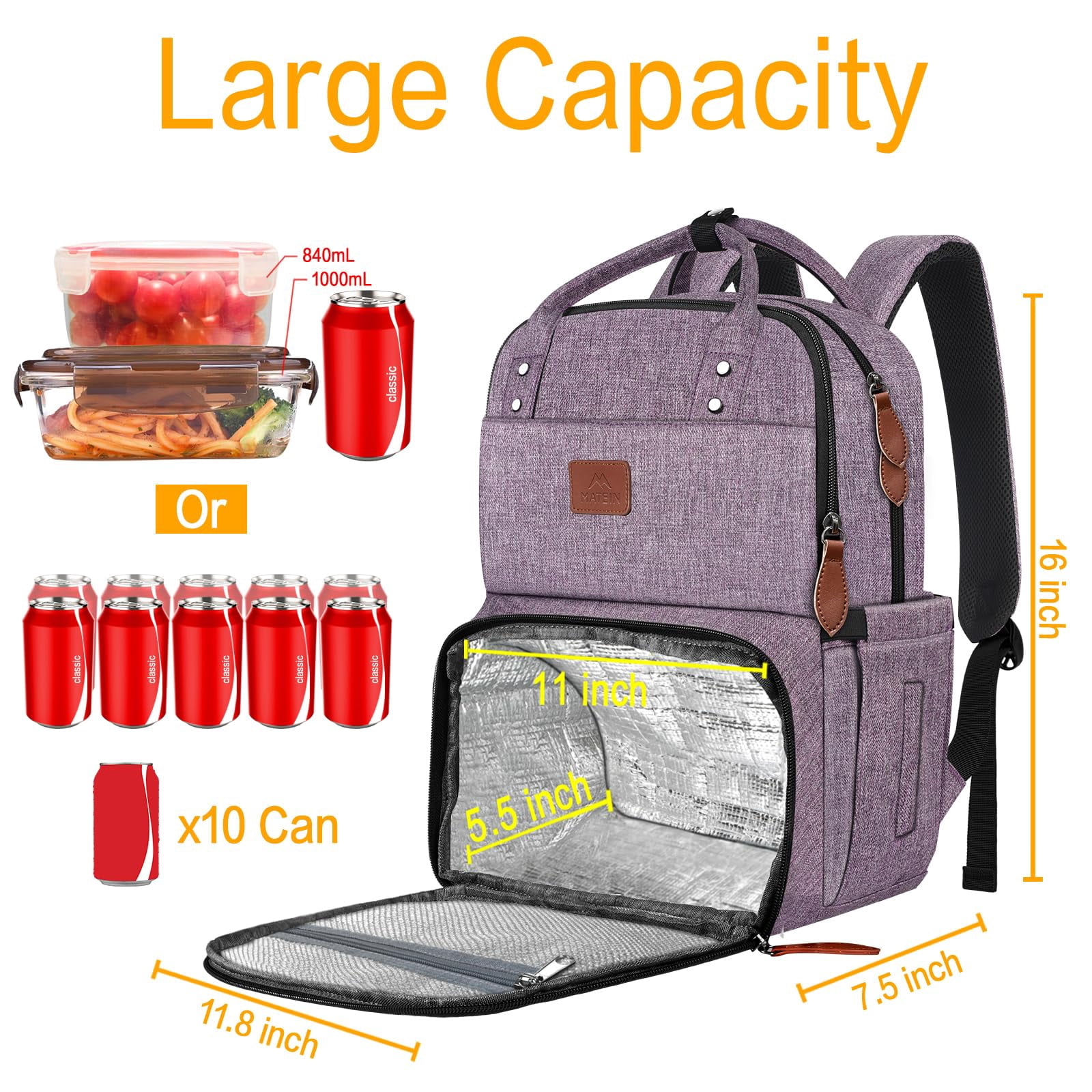 Matein Lunch Backpack, 15.6in Laptop Backpack with Insulated Compartment for Adults, Purple