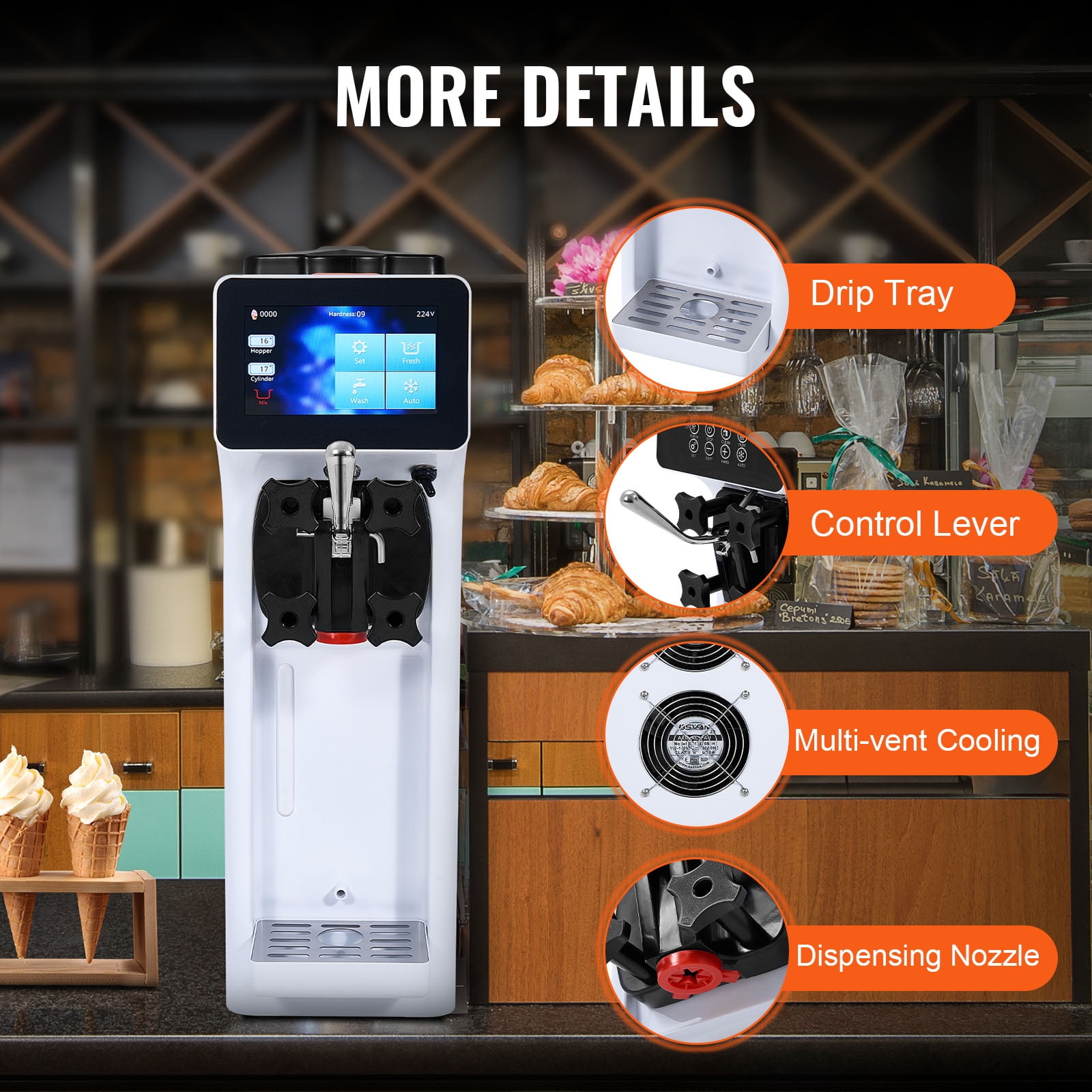 KFFKFF Commercial Ice Cream Machine 2.7-4gal/10-15L/H 4L Hopper Single Flavor Countertop Soft Serve Ice Cream Maker Auto Clean Pre-Cooling