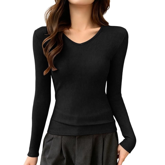 SwiftWear Women's V-Neck Slim Fit Long Sleeve Shirt Soft Stretch Base Layer Ribbed Knit Thermal Top for Casual and Office Wear, Black
