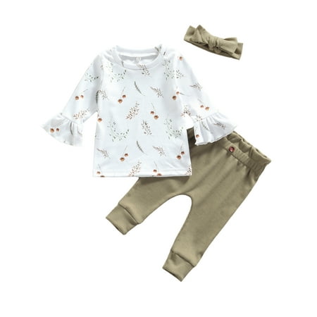 

Canrulo Baby Girls 3Pcs Clothes Set Floral Long Sleeve Tops Ribbed Pants Headband Spring Autumn Outfits White Green 18-24 Months