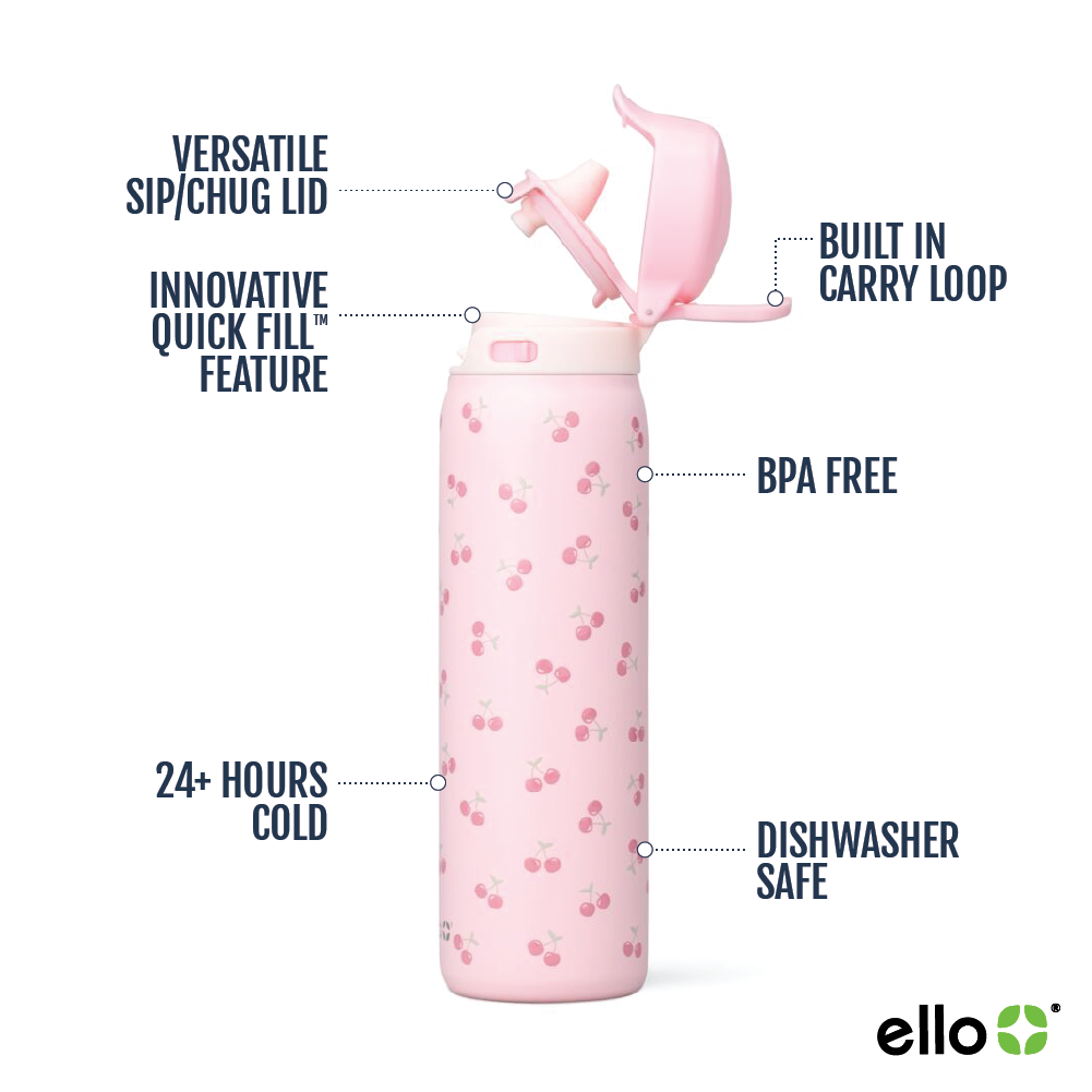 Ello Flip & Fill 22oz Stainless Steel Water Bottle, Cherries photo 3