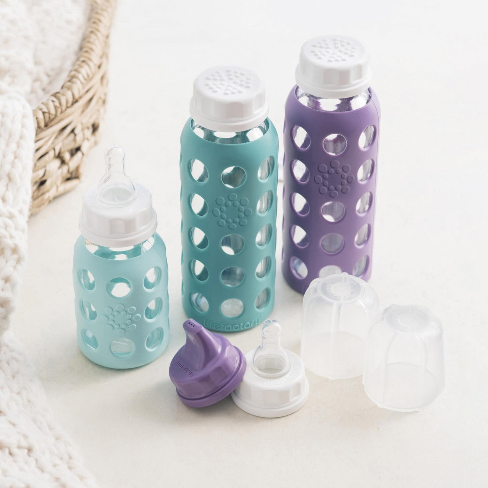 Lifefactory Baby 6 Bottle Starter Set in Mint/Lavender and in Kale/Grape Flat & Sippy Caps Stage 3 Nipples 16 Oz 12 Piece Set