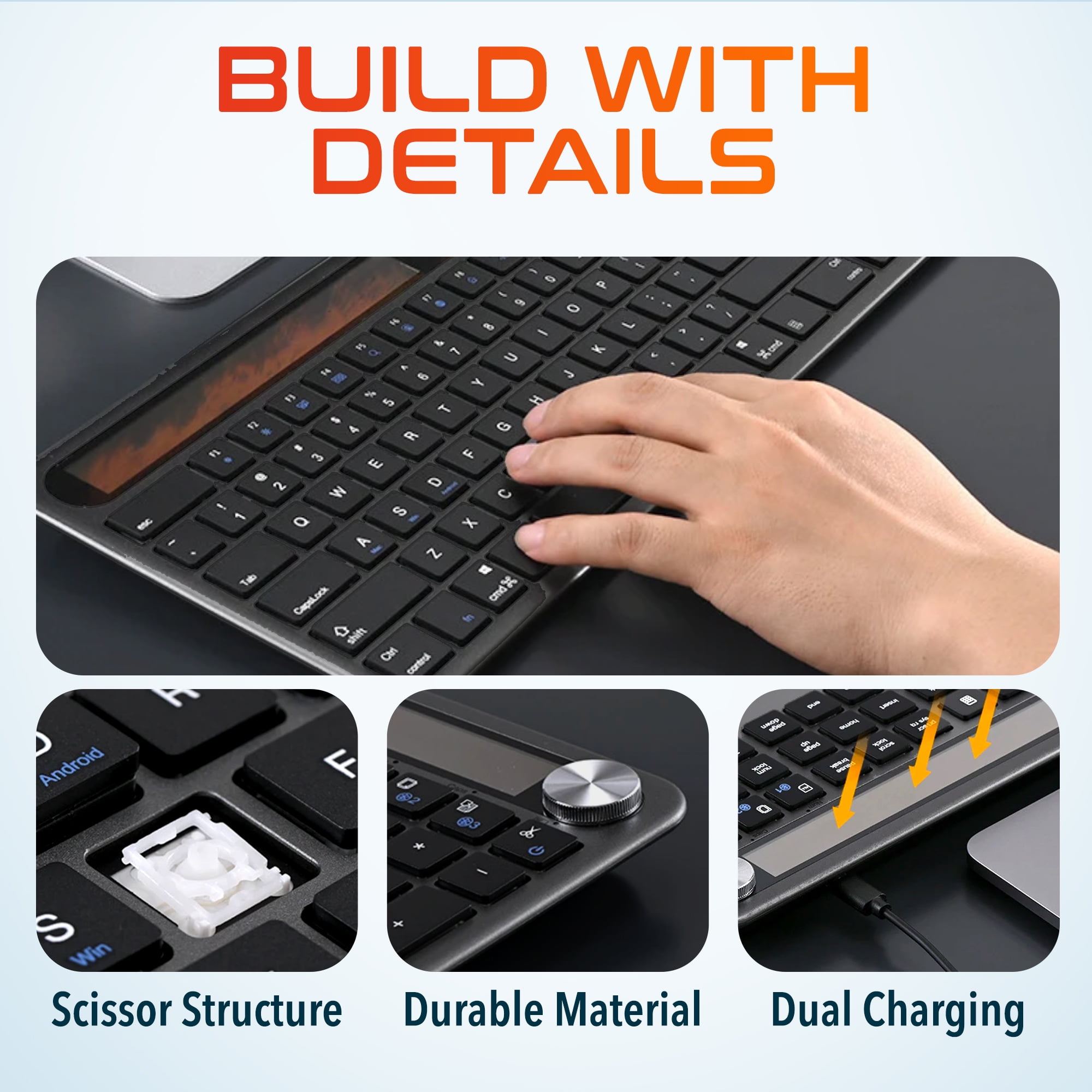 Delton KB90 Wireless Solar Rechargeable Keyboard, Bluetooth Keyboard for Computer/Desktop/PC/Laptop/Windows - Black