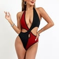 thumbnail image 2 of UTSJKR One Piece Swimsuit Women Cheeky Crissover Halter High Cut Colorblock Bathing Suit Sexy Retro Thong Monokinis Swimwear Red 16-18, 2 of 4