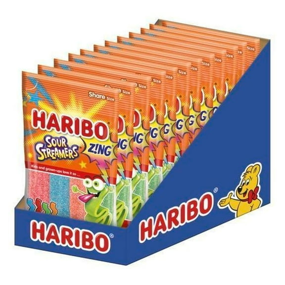 Haribo Sour Streamers Gummy Candy – 12 Count Pack – 4.5 oz Bags Each – Sour Fruit Flavored Strip Gummies Bulk Share Size