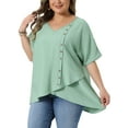 thumbnail image 4 of Agnes Orinda Women's Plus Size Easter Tops Button Decor Irregular Hem V Neck Short Sleeve T-shirt Summer Casual Blouses 2X Green, 4 of 6