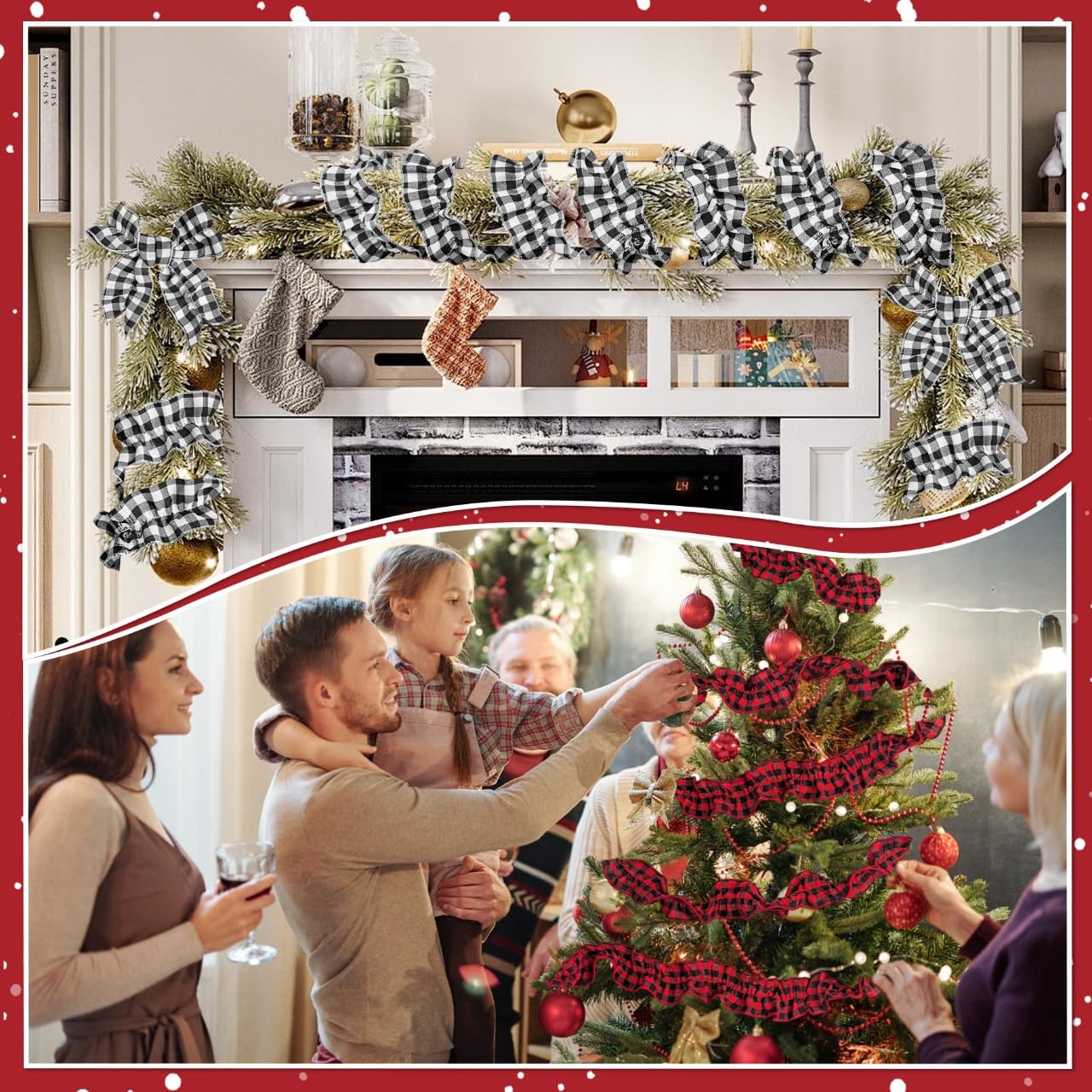 2 Rolls Christmas Tree Ribbon Garland Buffalo Plaid Christmas Decorations, Buffalo Check Fabric Tree Ribbon Garland for Xmas Holiday Home Decor(White & Black, 2.45in x 26.9ft)