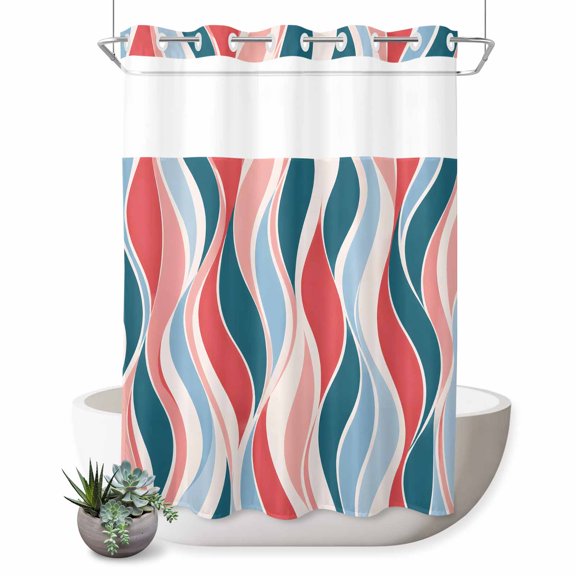 No Hook Shower Curtain, Pink Teal Striped Shower Curtains for Bathroom with See Through Top Window, Modern Colorful Abstract Lines Waterproof & Washable Bath Curtain Stall 48"x72"