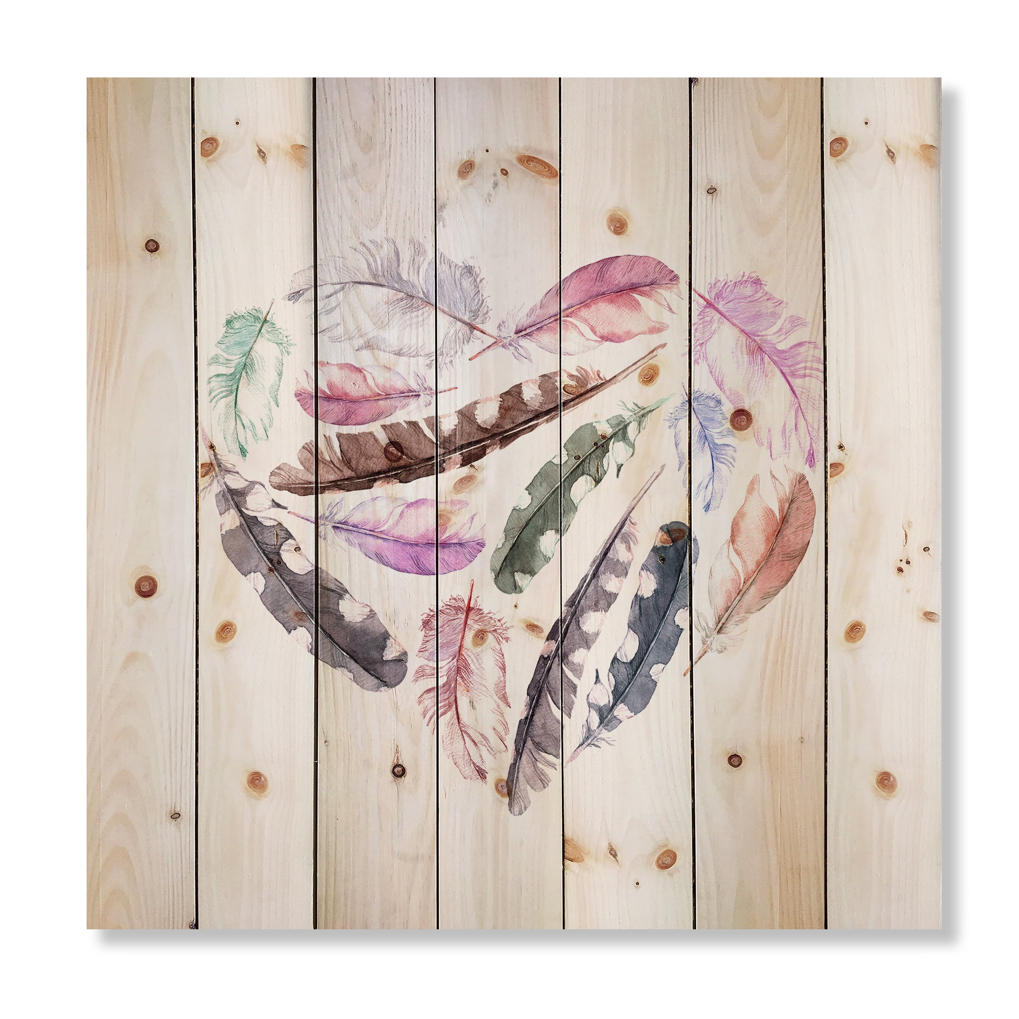 Designart 'Retro Pink Bird Feathers With Heart' Bohemian & Eclectic Print on Natural Pine Wood