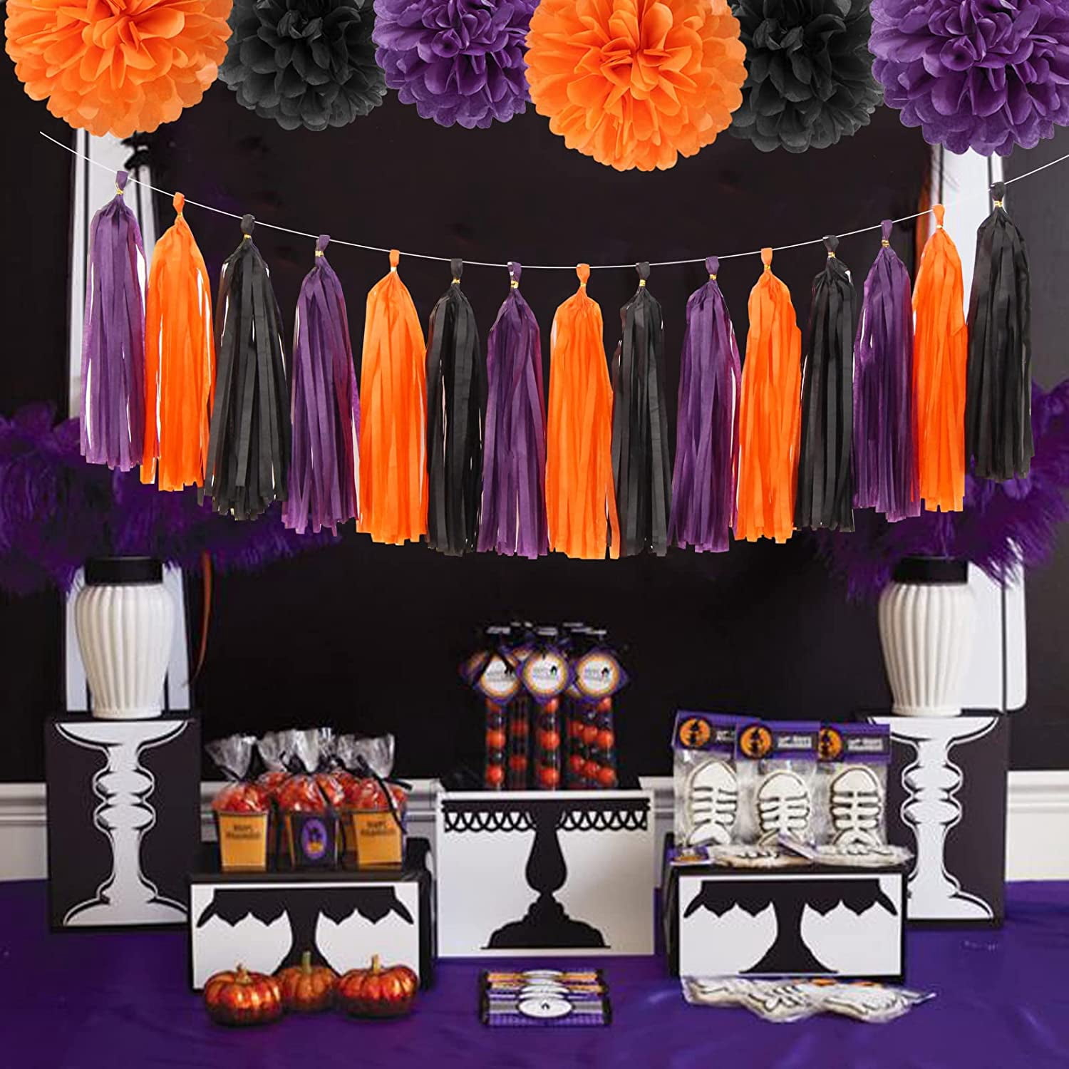 Black Purple Orange Halloween Party-Decorations - 23pcs Tissue Pom Poms Streamers,Tassel Garland Banner,Graduation 2025 Birthday Wedding Baby Bridal Shower Decor Bunting