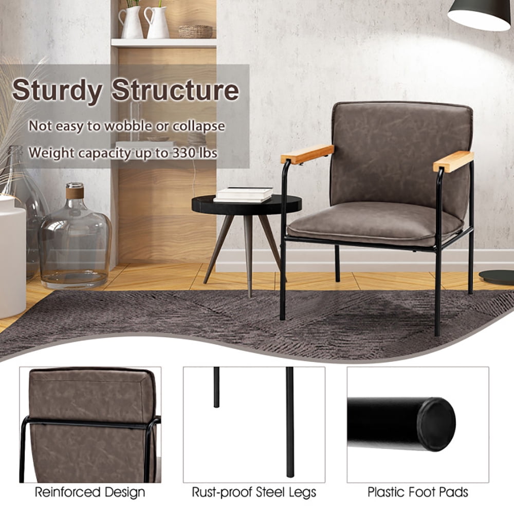 Finihen Upholstered Accent Armchair, PU Leather Accent Chair with Rubber Wood Armrests, for Living Room, Bedroom, Gray