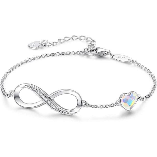 Pulsera Infinito Mujer Plata 925 Oro Rosa, Pulseras Infinito Corazón Cristales Pulsera Ajustable San Valentín Día de la Madre Cumpleaños Regalo Navidad para Ella Mujer Novia Mamá