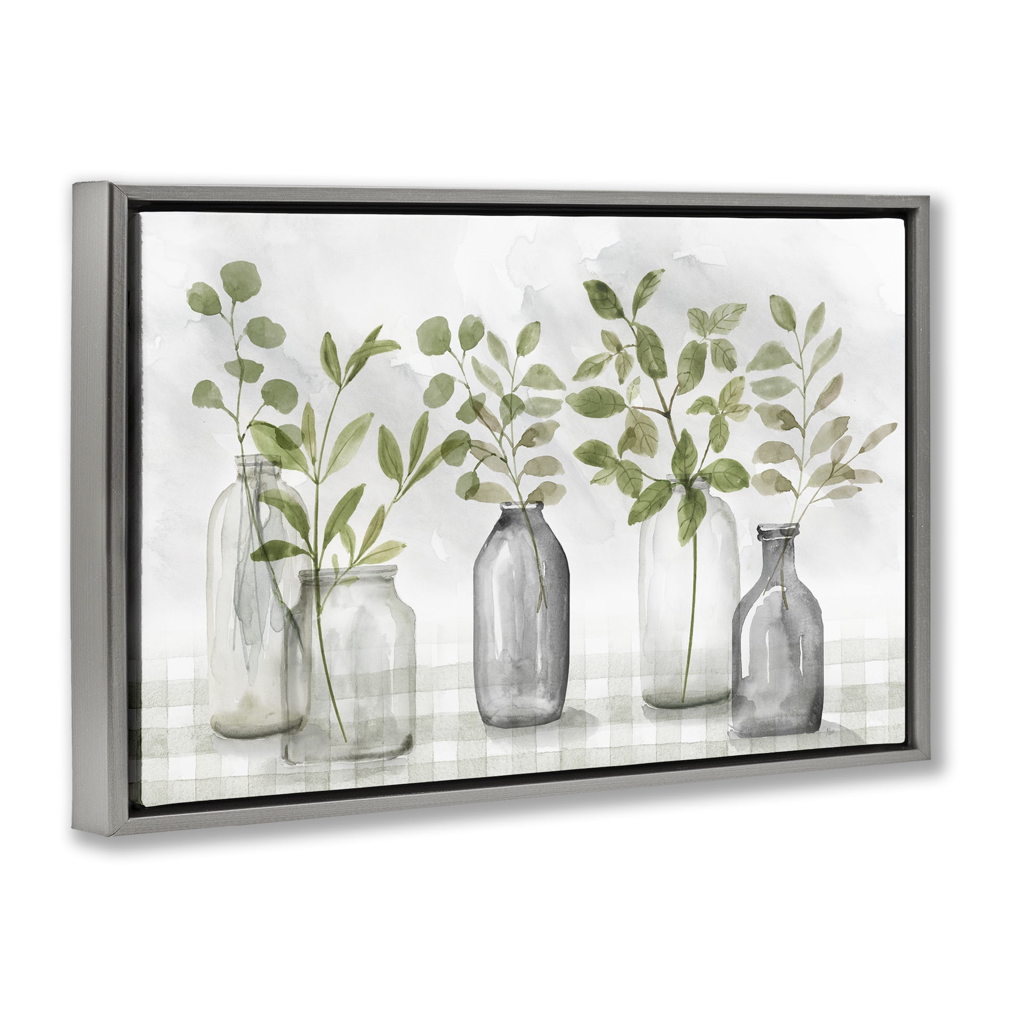 Stupell Industries Greenery Leaves in Vases Gray Framed Floater Canvas Wall Art, design by Nan