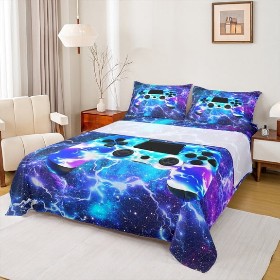 Manfei Gamepad Bed Sheets Set Twin Size for Teens, Psychedelic Galaxy Bedding Twin Size, Lightning Twin Sheet Sets, Breathable Bedroom Decorative, 3pcs