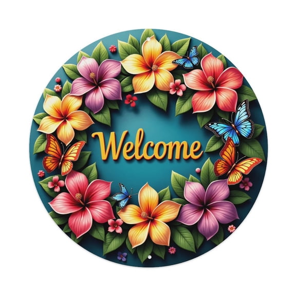 Round Metal Tin Sign Rustic Wall Decor Hibiscus Welcome Flowers Round Metal Sign Plaque for Home Garden Kitchen Bar Cafe Restaurant Garage Retro Vintage Wall Art 8x8 Inch