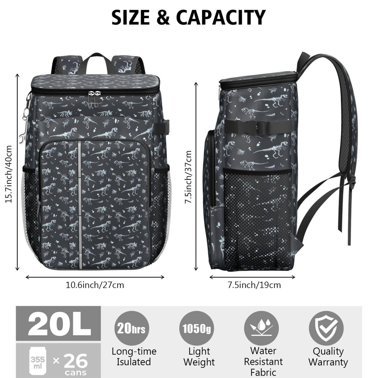 Travel Cooler Bag - Black White Dinosaurs Fossils Pattern Camping Beer Cooler Backpack with Bottle Opener- Waterproof Insulated Picnic Backpacks - Cooler Bag for Beach