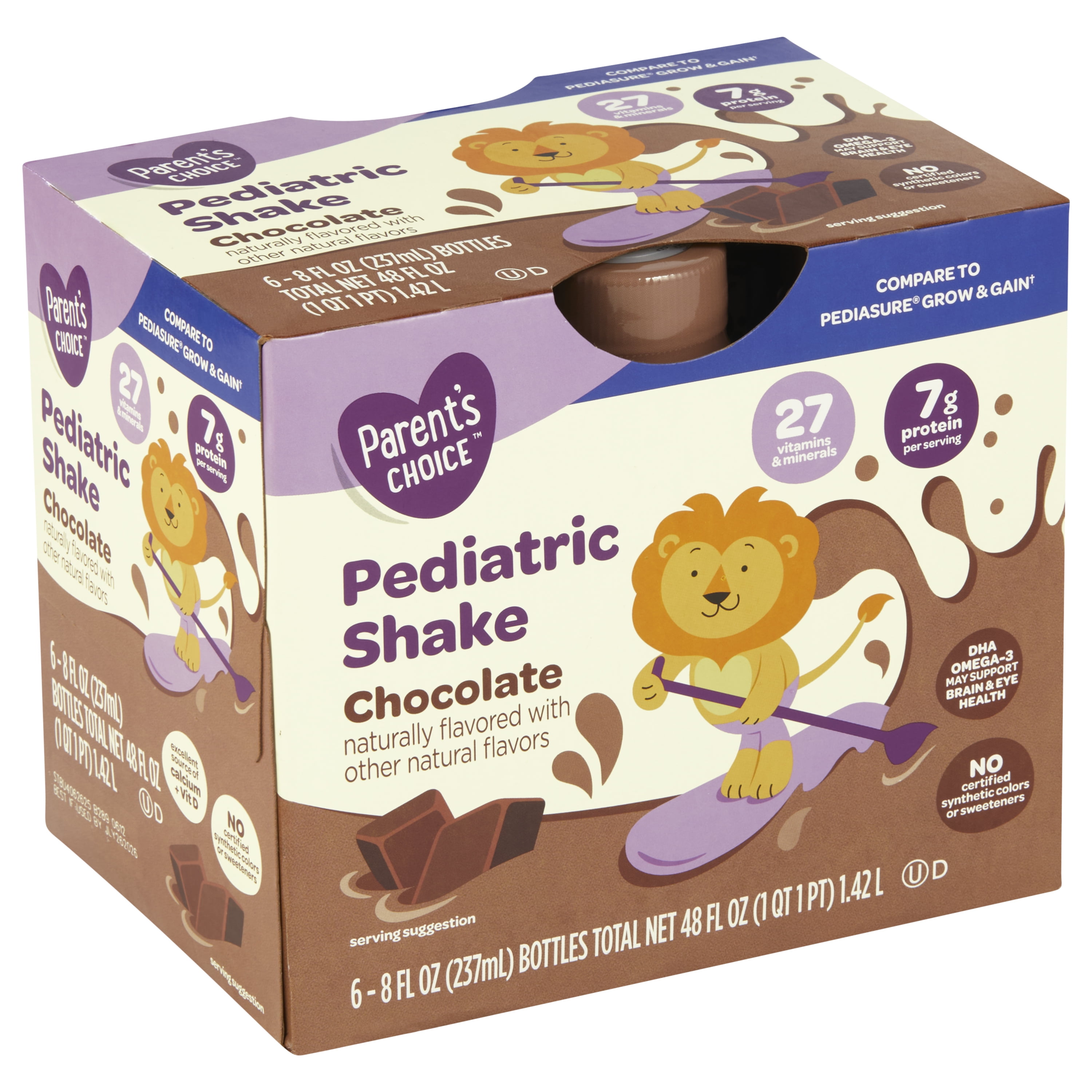 (3 pack) Parent's Choice Pediatric Shake, Chocolate, 8 fl oz Bottle, 6 Shakes