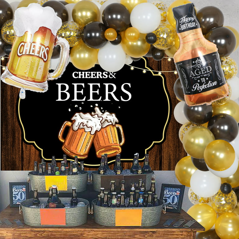 Cheers and Beers Party Decorations - Black and Gold Balloon Garland Kit  with Backdrop for Men 21/25/30/35/40/50/60/70 Whiskey, Vintage Birthday  Decorations or Wedding Anniversary 