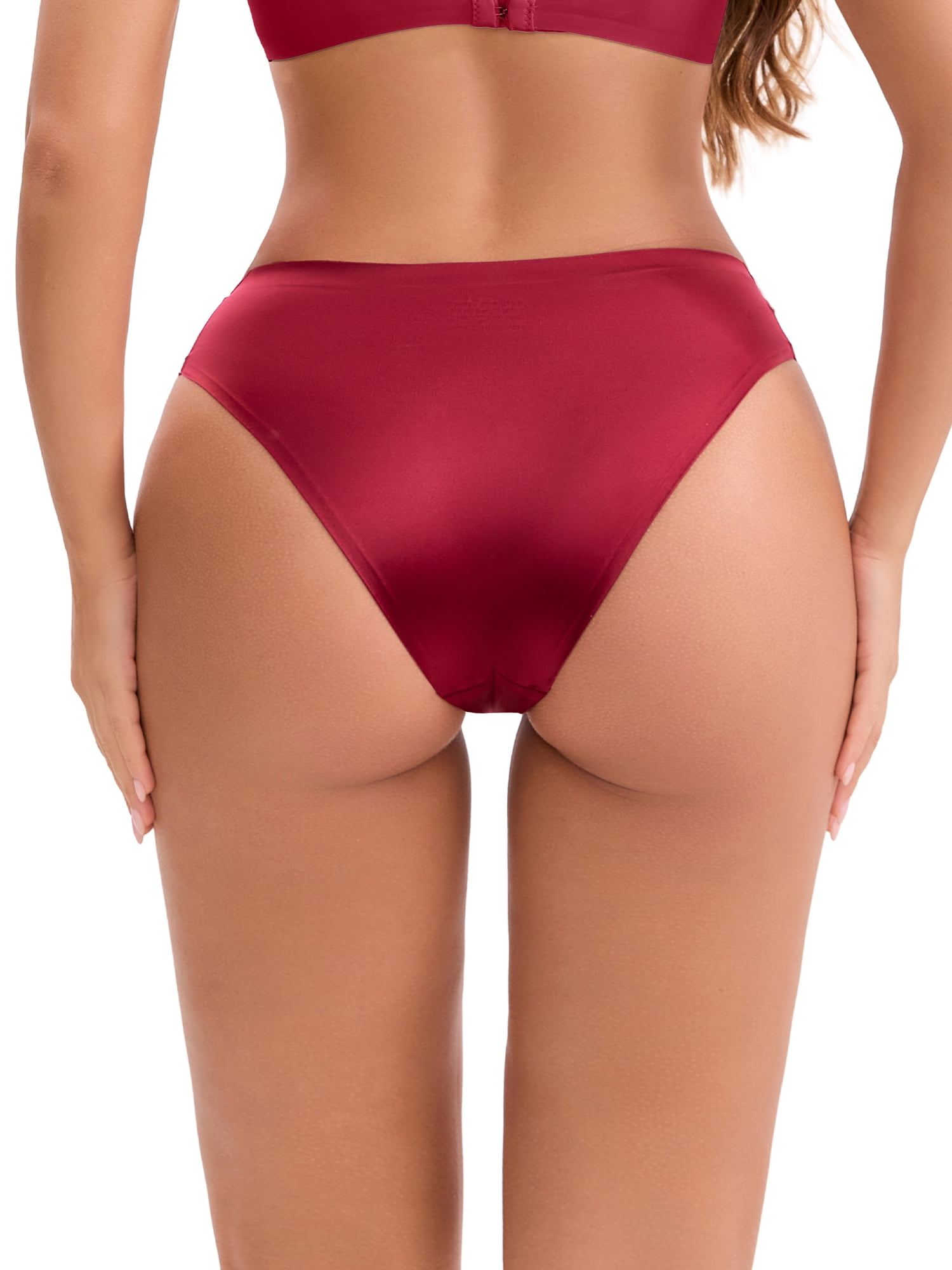 DARING DIVA Women's Ice Silk Mid Waisted Underwear Seamless Briefs L Wine Red