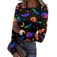 thumbnail image 2 of Halloween Womens Tops Long Sleeve Slim Ribbed Novelty Pumpkin Bat Tunic Blouse Party Crew Neck Fall Spring Basic Tees Multicolor M, 2 of 6