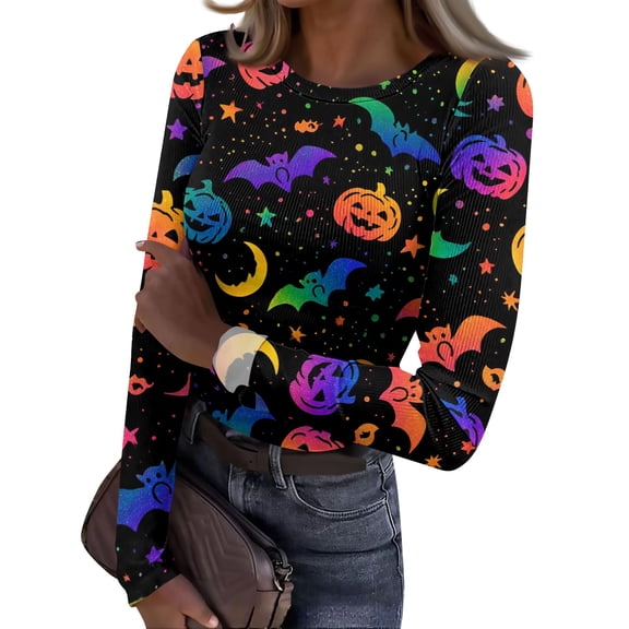 IYYVV Halloween Shirts for Women Long Sleeve Crewneck Slim Fitted Basic Tees Funny Ghost Pumpkin Graphic Ribbed Shirts Multicolor S