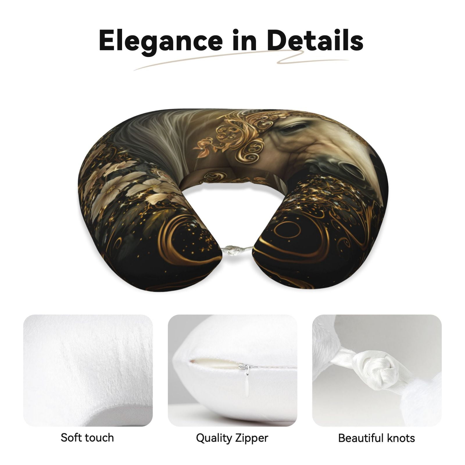 Xecao Palatial Gold Pattern Horse Print Memory Foam Cervical Neck Pillow Versatile U-Shaped Pillows for Home,Office,Camping,Travelling,Soft Washable Cover