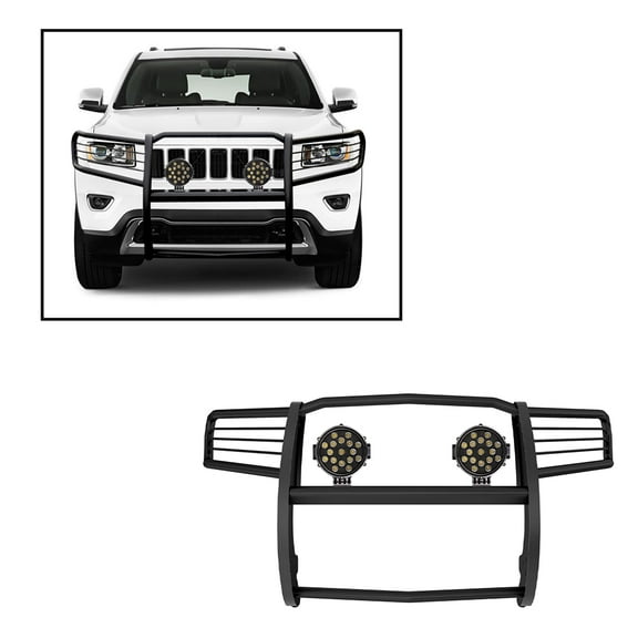 Black Horse Grille brush Bumper Guard Modular Black Come With pair of 7.0"Dia.LED Lights with Black Trim Rings Compatible with 2011-2021 Jeep Grand Cherokee-17A080202MA-PLB