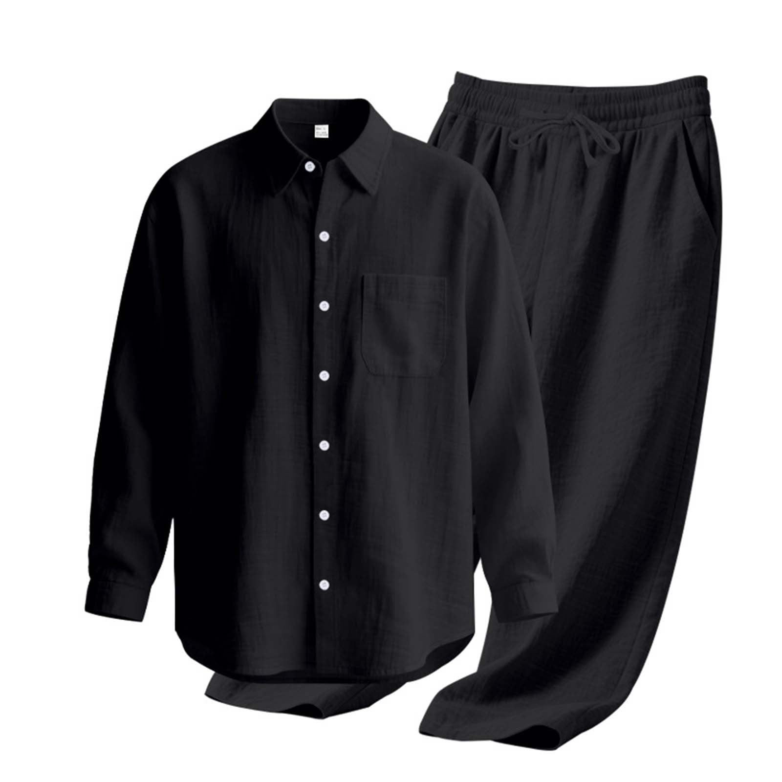 Men's Linen Casual Outfits Piece Solid Color Cuban Shirt and Pants Set Lightweight Beach Vacation Suit