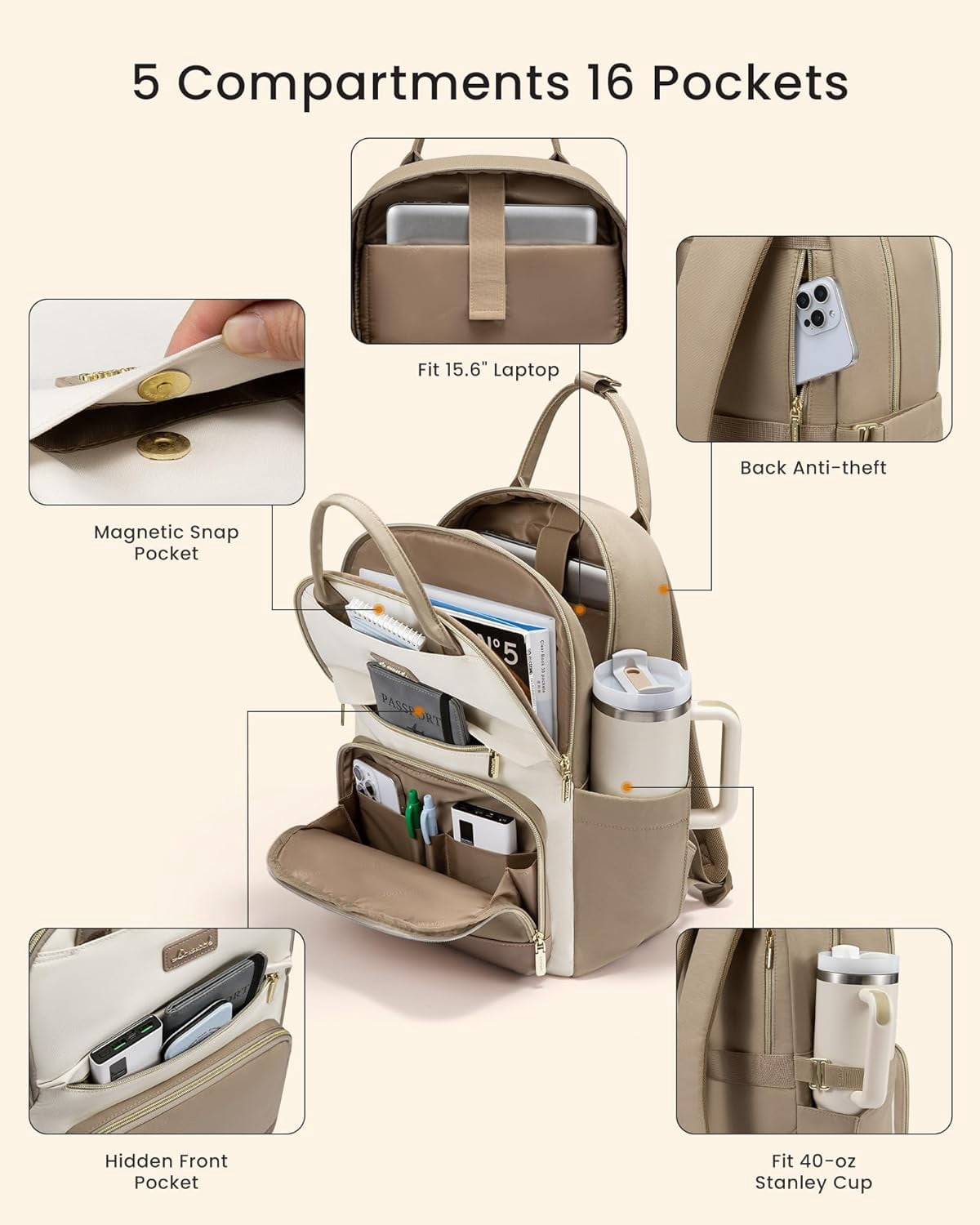 LOVEVOOK Laptop Backpack for Women with Giant Tumbler Holder Pocket, 15.6 inch Travel Work Backpack Purse for Teacher Nurse, Waterproof College Book Bag Cute Casual Daypack, Beige-Black-Brown