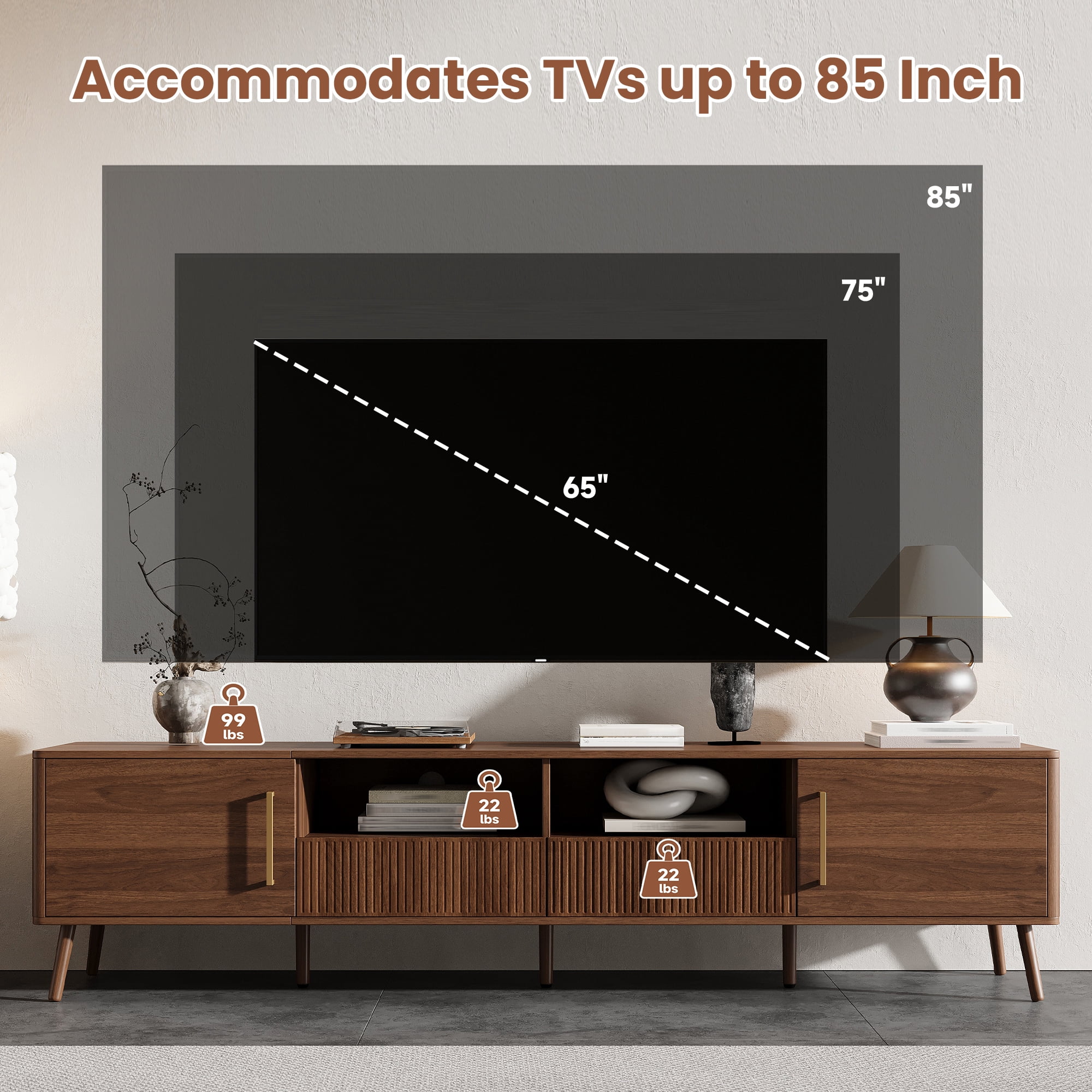 TV Stand for TVs up to 85 Inch, Entertainment Center with Fluted Drawers & 2 Cabinets, Media Console with Solid Wood Legs for Living Room