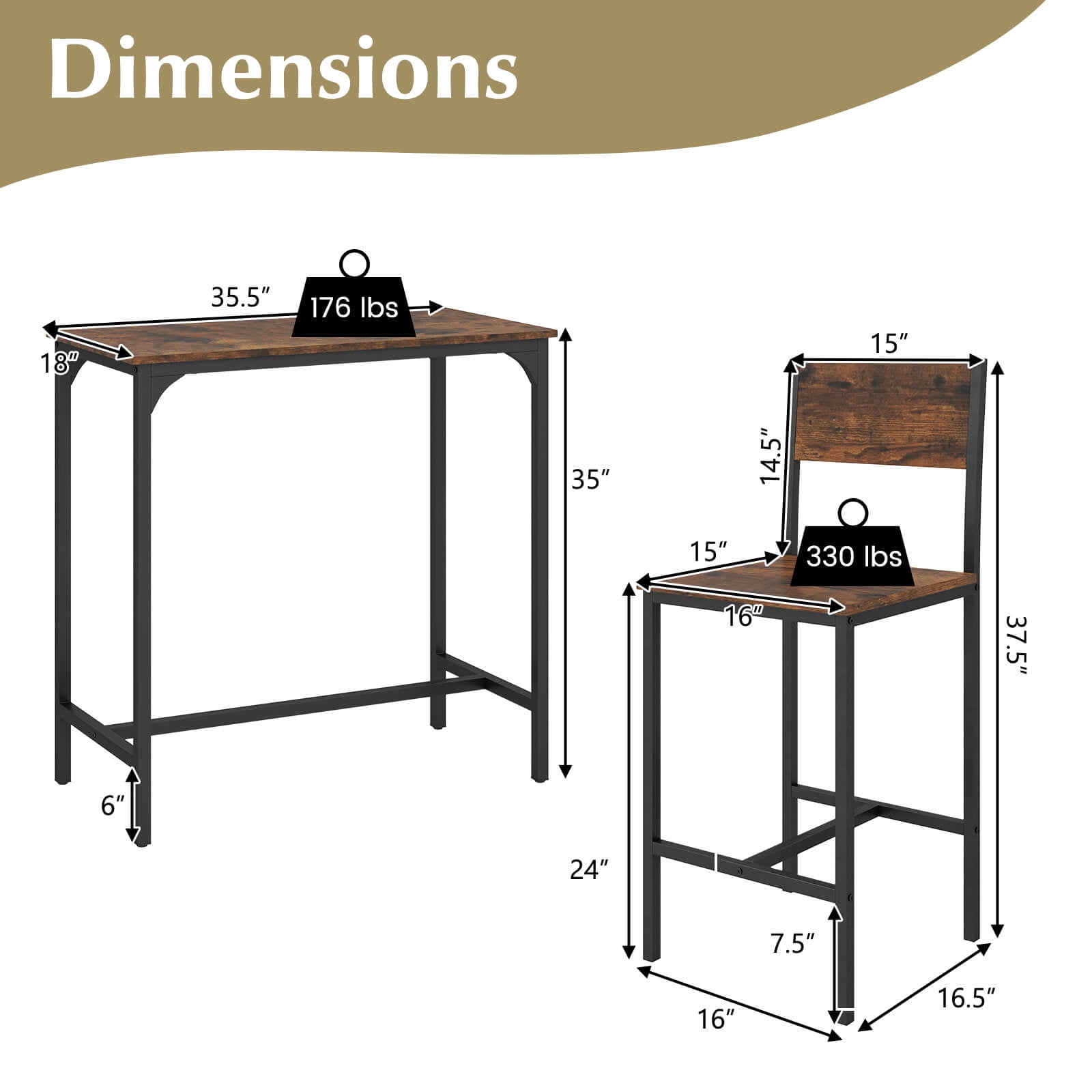 Costway 3 PCS Bar Table Set Pub Dining Table & 2 Bar Stools with Backrest & Footrest Brown