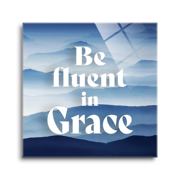 Be Fluent In Grace Blue Strata 24 x 24 Glass Wall Hanging Sign