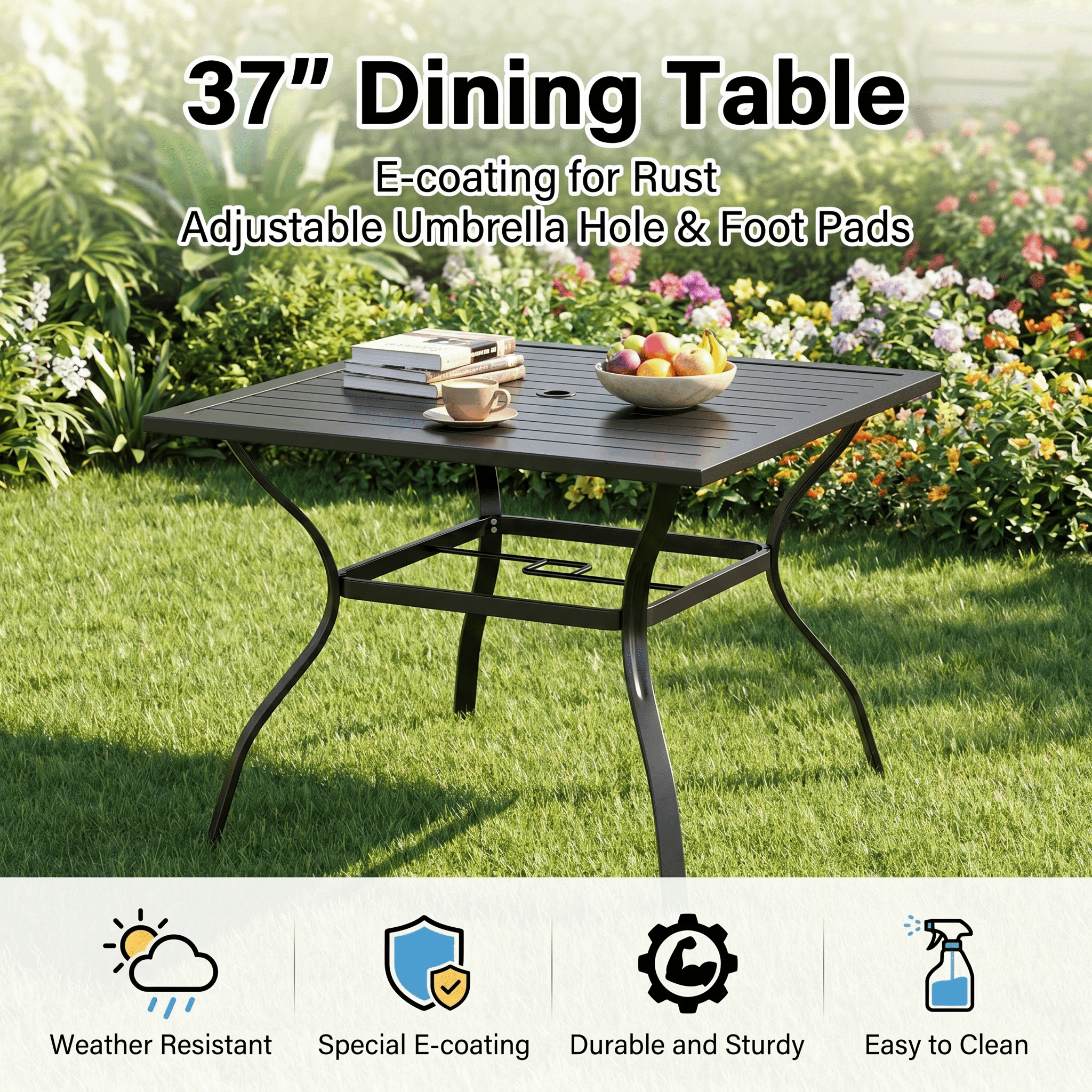 TLSUNNY Outdoor Dining Set of 5, Patio Furniture Set on Sale, Square Metal Table with Umbrella Hole & Foot Pads, 4 Stackable Textilene Chairs